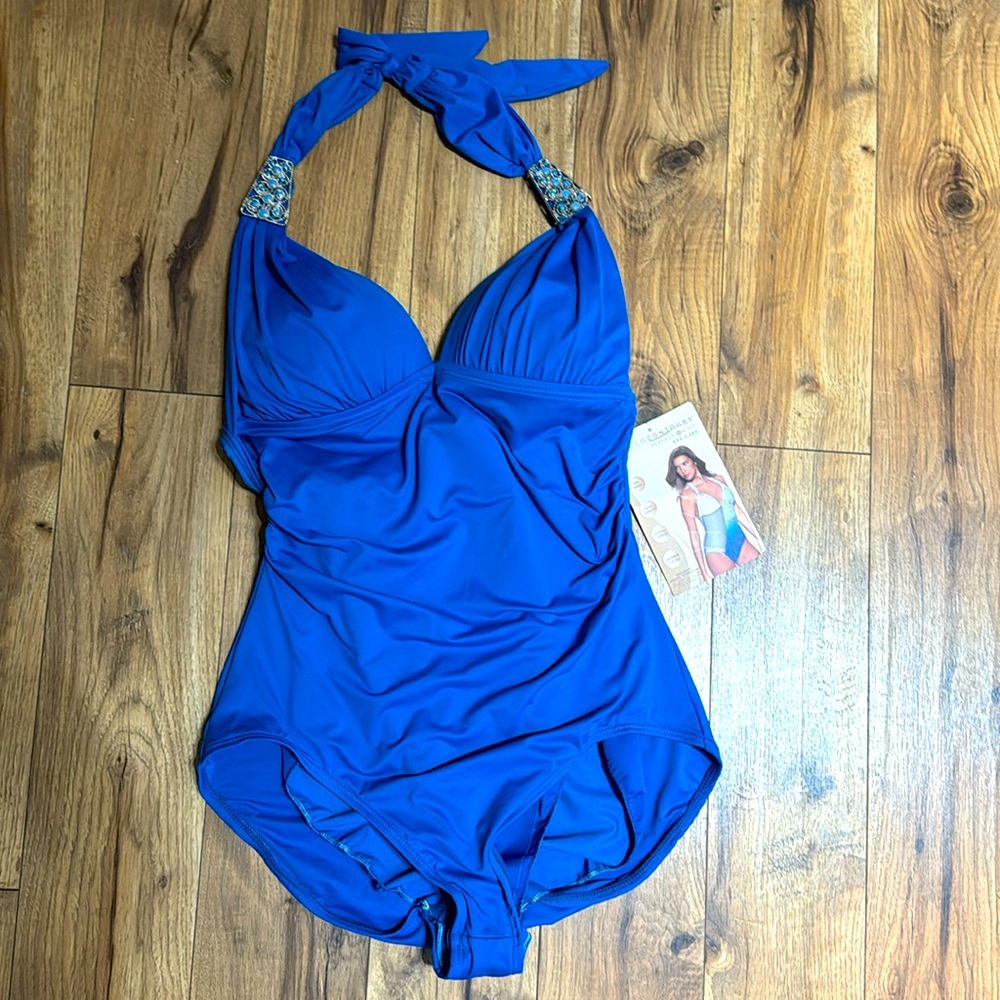 Coco contours 38B turquoise blue jeweled halter neck ruched bra-size‎ swimsuit